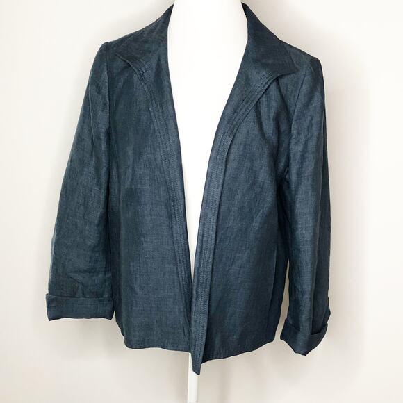 Talbots Linen Blazer Jacket 14 Blue Open Front 3/4 Sleeve - Picture 1 of 4
